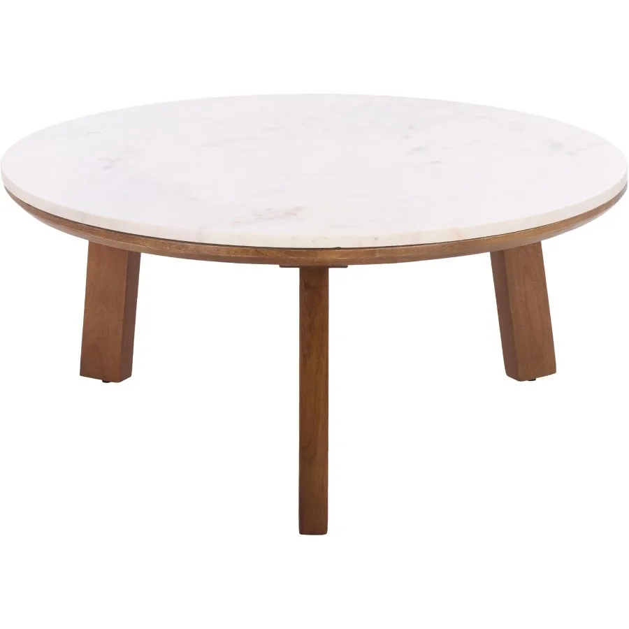 Furniture - Arkady Round Coffee Table - White Brown - Marble Top, Mid-Century Modern Design for Living Room, Family Room Den, 3