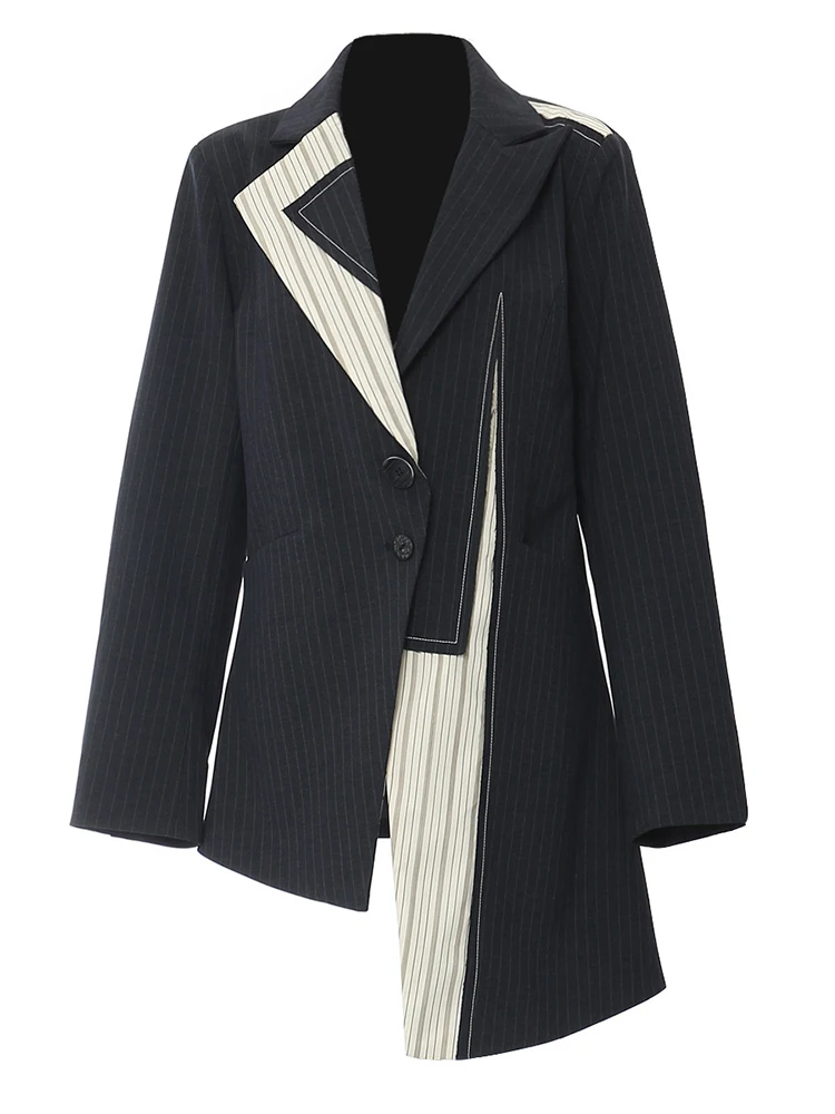 [MODX] Women Navy Blue Striped Irregular Elegant Blazer New Lapel Long Sleeve Jacket Fashion Spring Autumn 2024