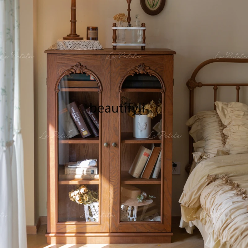 

Retro dining side cabinet double door glass entrance living room display storage cabinet dining room storage decorative bookcase