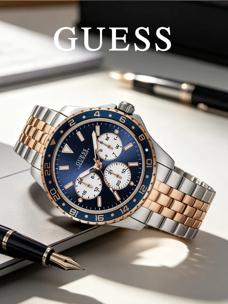 Reloj multifunción para hombre con esfera azul, brazalete de acero inoxidable en dos tonos, oro rosa y plata, Guess Odyssey W1107G3