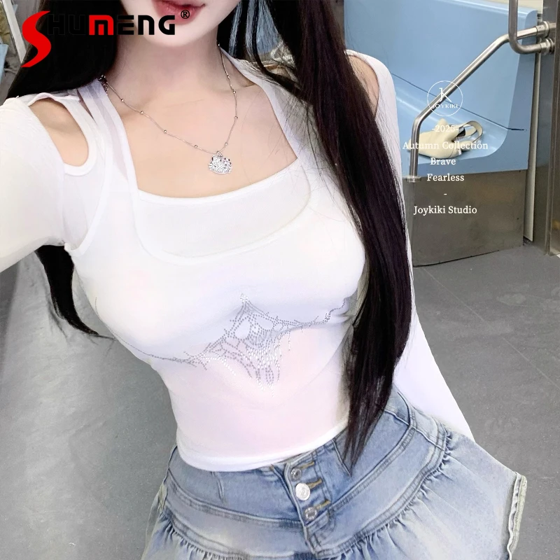 

2025 Autumn Women's Clothing Design Sense Fake Two-Piece Tshirts Slimming Top Pure Desire Slim Fit T-shirt Y2k Pullover Ladies