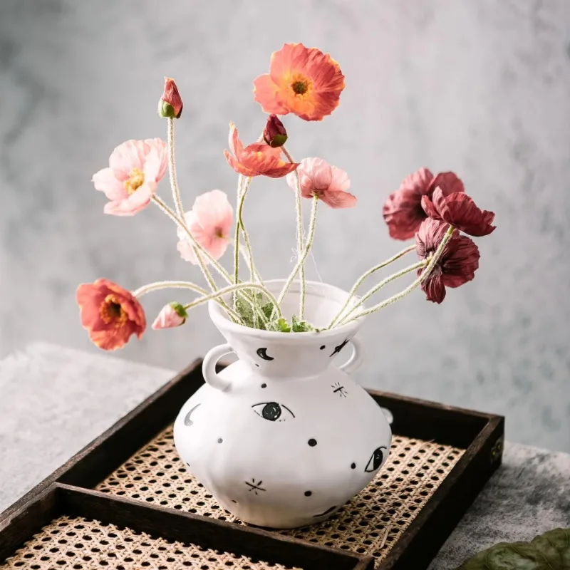 Modern Poppy Ceramic Vase, High-Fired Flower Holder, Minimalist Design, Durable Display Piece, Elegant Art Decor, White