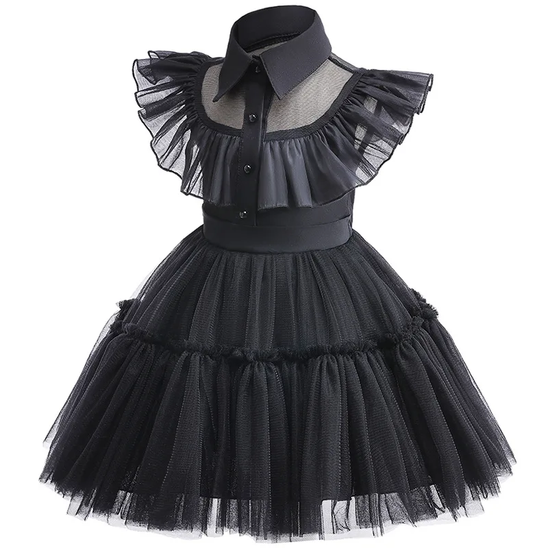 

QQW Wednesday Role Play Costume Baby Mesh Lace Princess Tutu Skirt Girl Black Button Punk Stage Festival Party Performance Dress