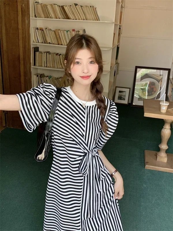 Gaganight Women Celebrity Stripe O neck Long Dress Women Summer New Slim Waist Mid Length Split Dresses Female Vestidos