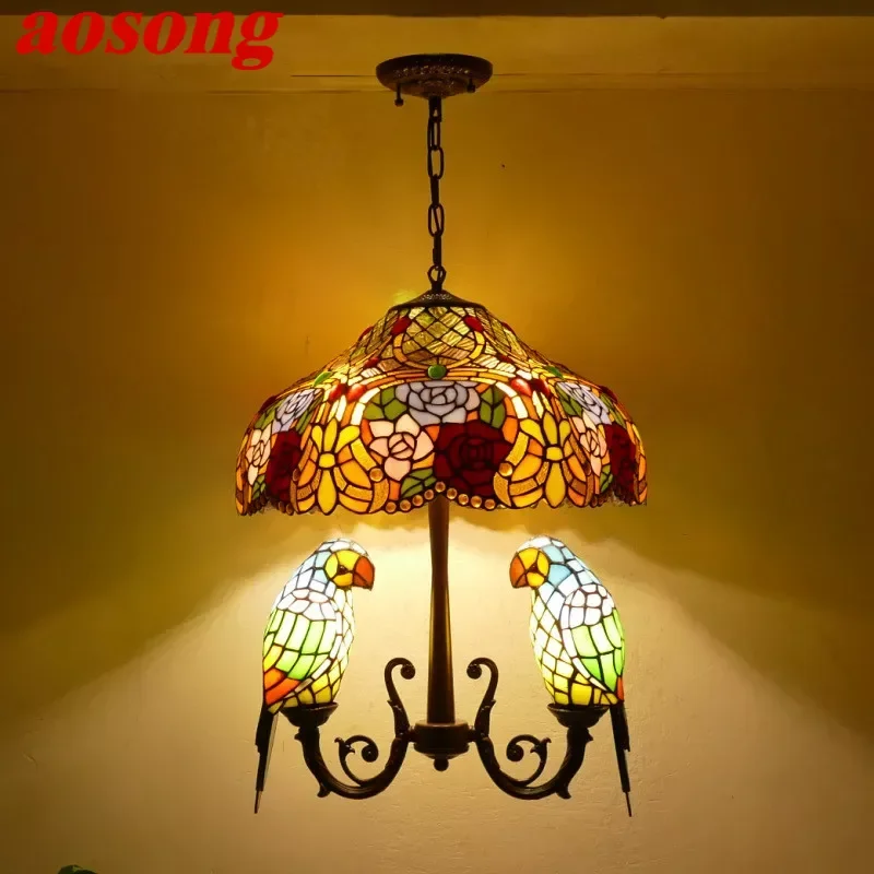 AOSONG Tiffany Parrot Chandelier Vintage Creative Color Glass Living Room restaurant Bedroom Hotel Corridor Pendant Lamp