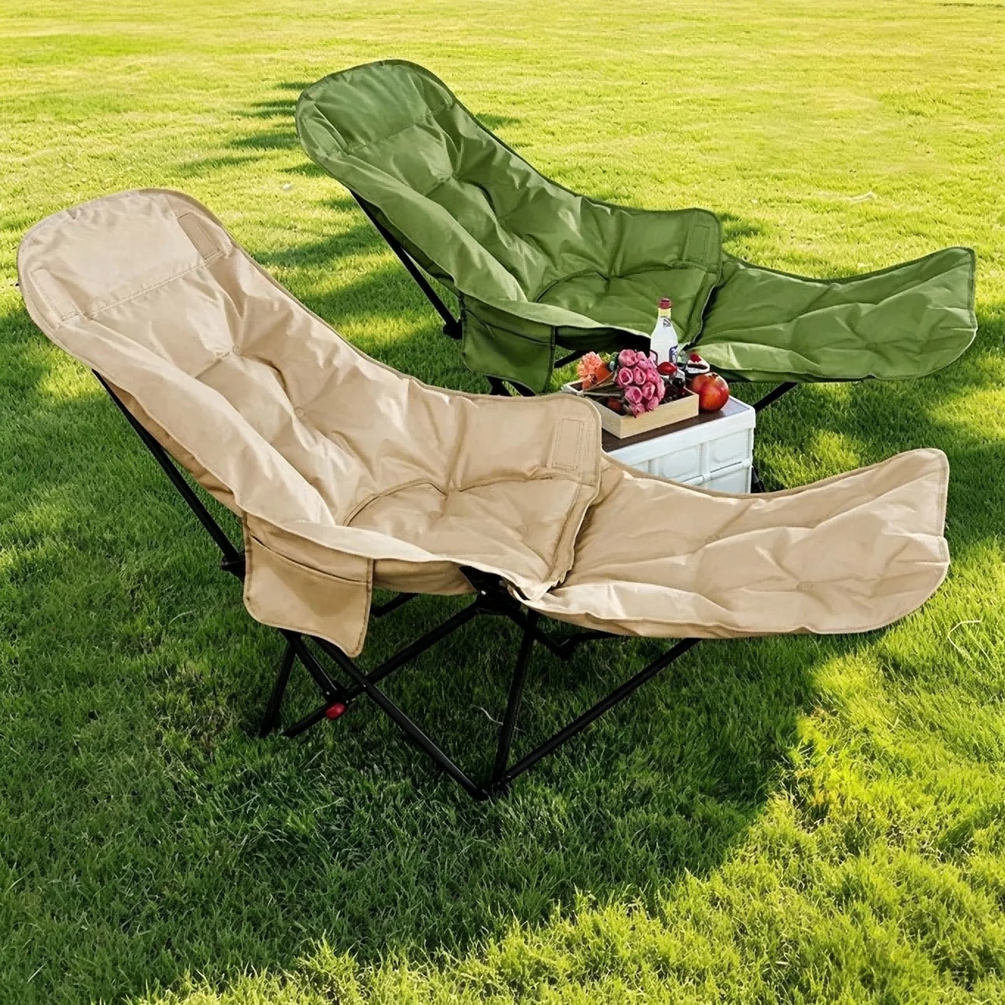 New Outdoor Folding Moon Chair, 4‑Position Adjustable Padded Reclining Lounge Chair, Portable Camping Beach Chair for Nap Rest