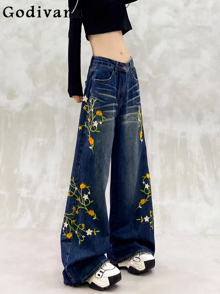 

Индивидуальные изысканные вышивки для девочек, осенние свободные джинсы с высокой талией, синие прямые широкие брюки в пол в стиле ретро для тяжелой промышленности