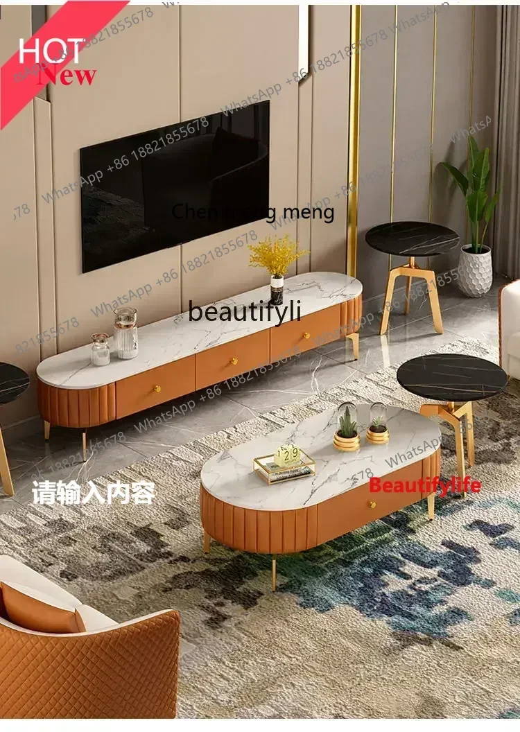 A32 Stone Plate Coffee Table Retro Domestic Tea Table Light Luxury Oval Coffee Table TV Cabinet CombinationA