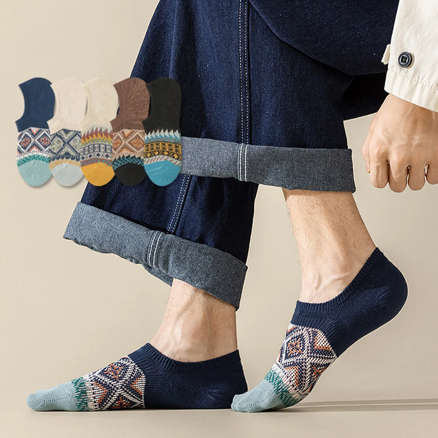 1/5Pcs Men Socks Summer Retro Rhombus Plaid Ethnic Style Low Cut No Show Soft Trendy Daily Casual Invisible Ankle Socks Unisex