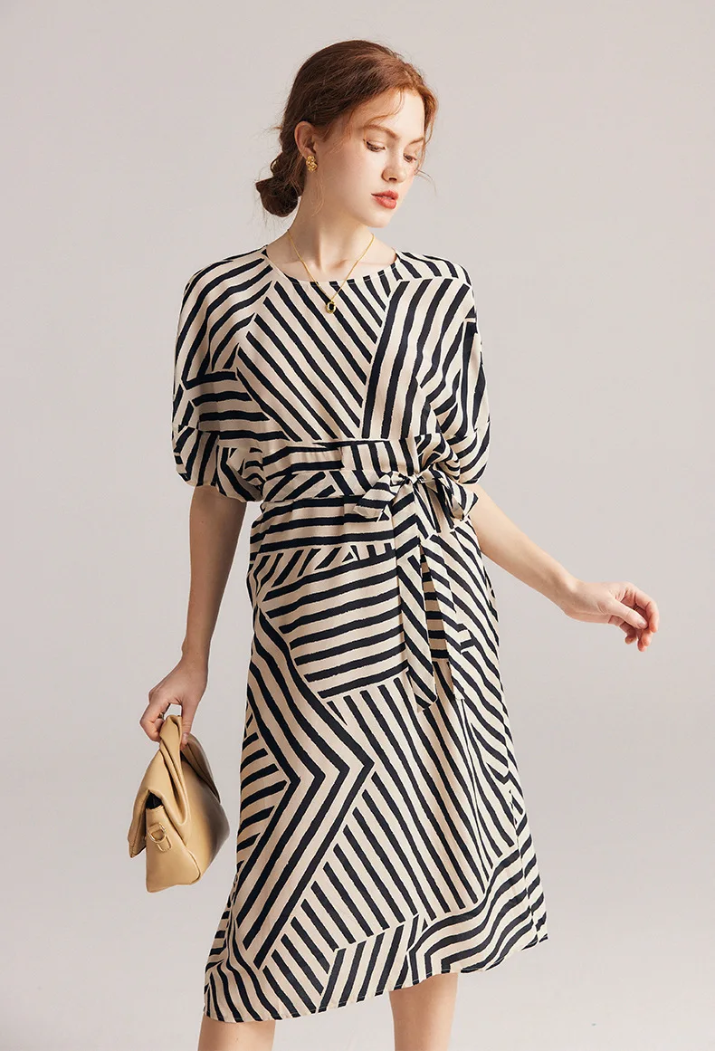 

New Striped 100% Silk Dresses Medium Length Office Ladies Patchwork Elegant Gown Waist Tie Short Sleeve Summer A-Line Midi Dress