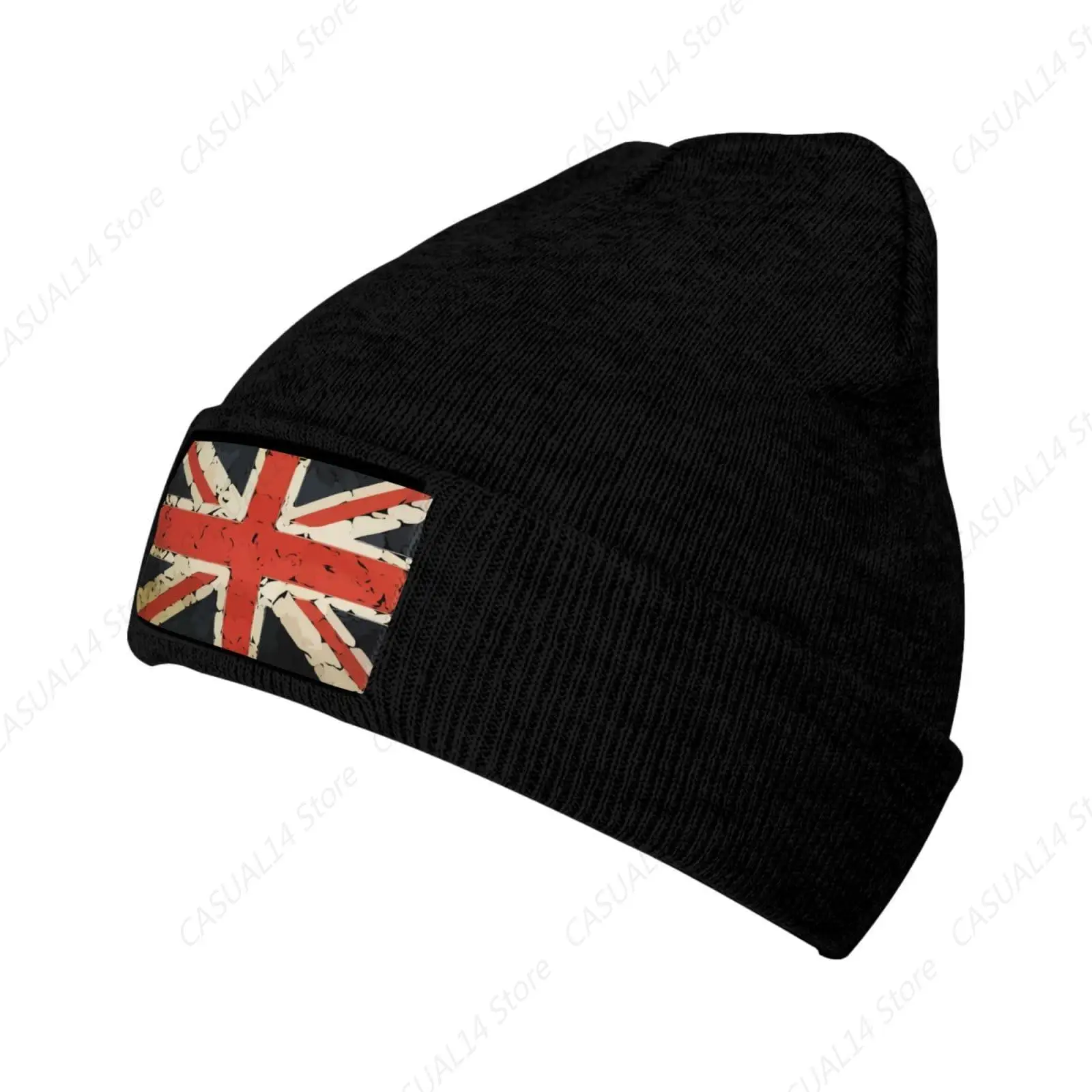 Union Jack British Flag Beanie Hat for Women Men Winter Hat Cuffed Knit Skull Cap Warm Ski Hats Black