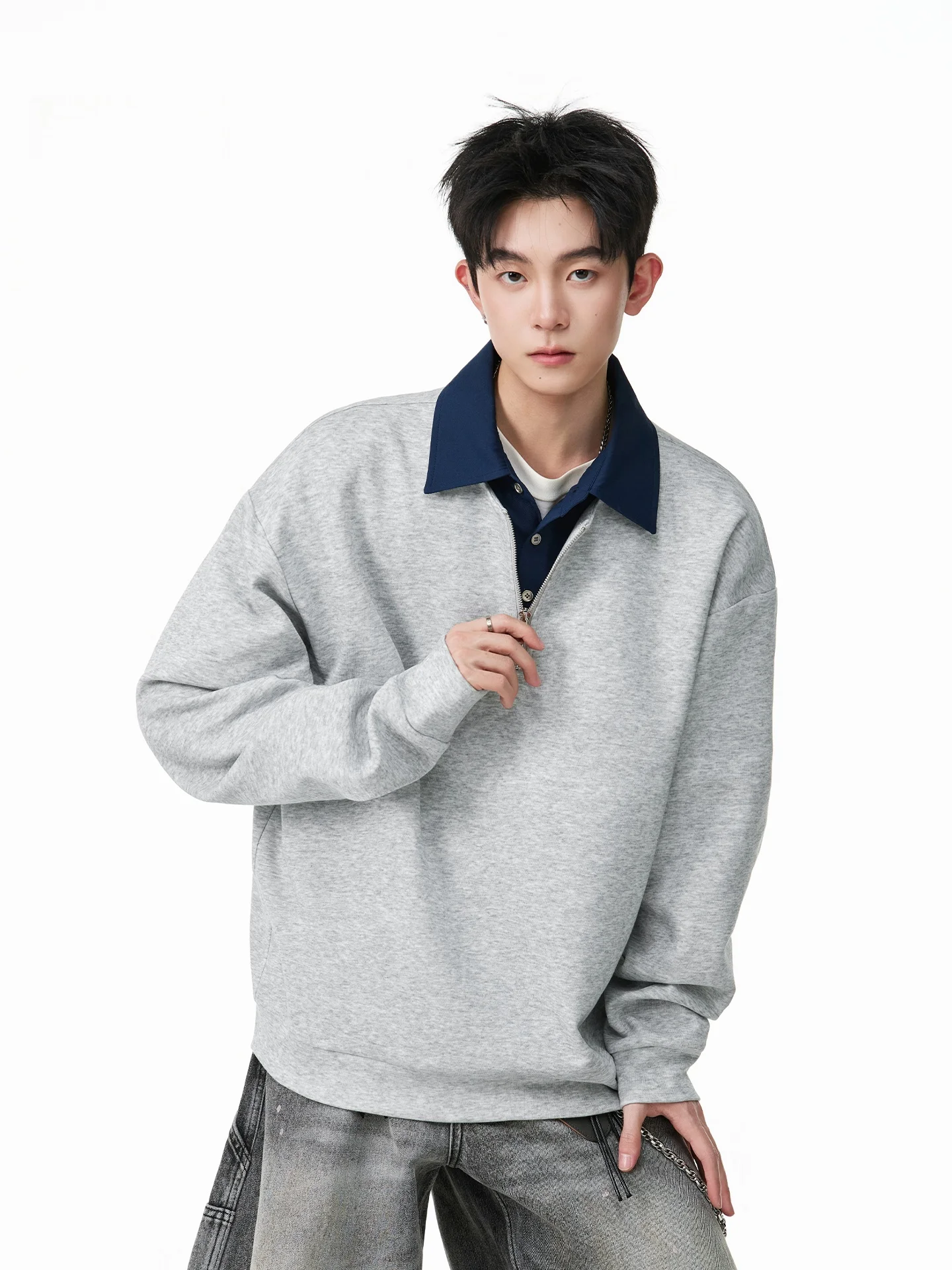 

Retro American Color Blo irt Loose Fit f Zip Long Sve Sweatirt Men's Spring Casual Comfortable Youth Faion