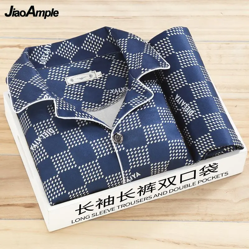 100% pijamas masculinos de luxo 2022 outono inverno algodão calças de manga comprida pijamas homewear 2 peça coreano elegante sleepwear conjunto