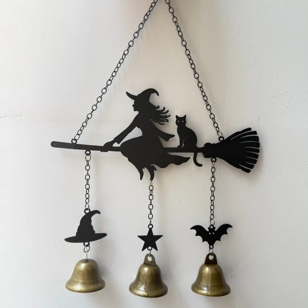 Iron Halloween Wind Chime Rust Resistant Vintage Hanging Bell Ornament Spooky Silhouette Design Witch Broom Wind Chime Courtyard