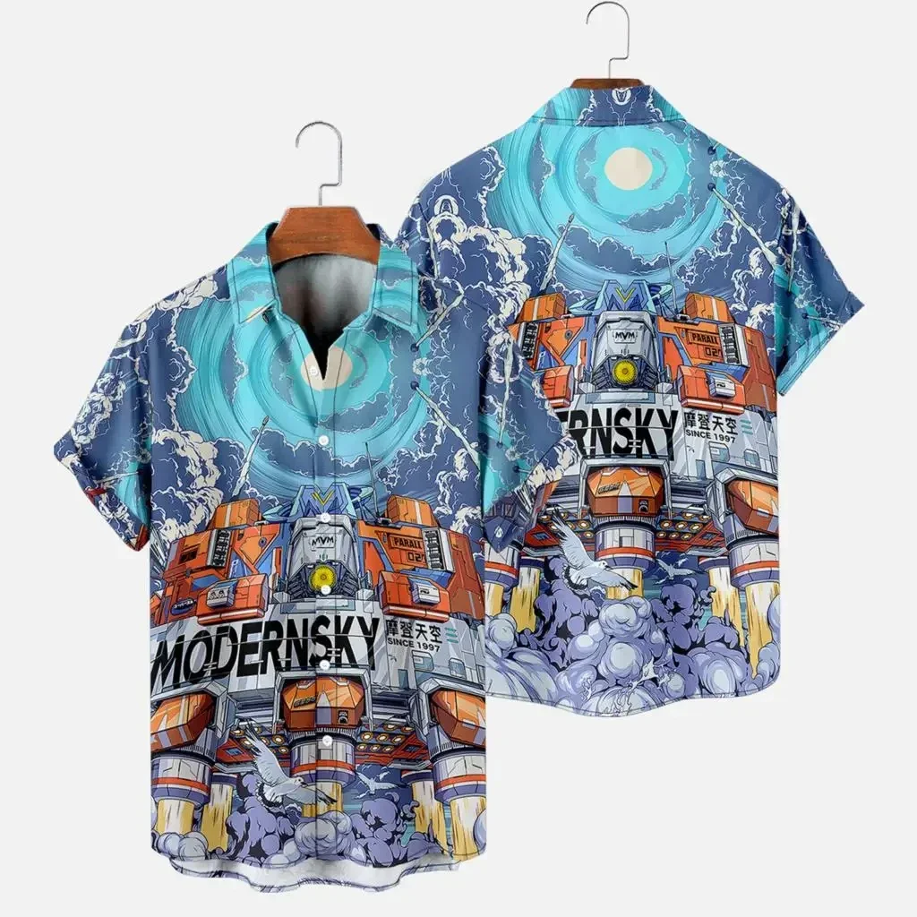 Baju Pria motif astronot, baju Atasan Pria kasual Hawaii, gaya pantai nyaman, ukuran besar, kerah lengan pendek s