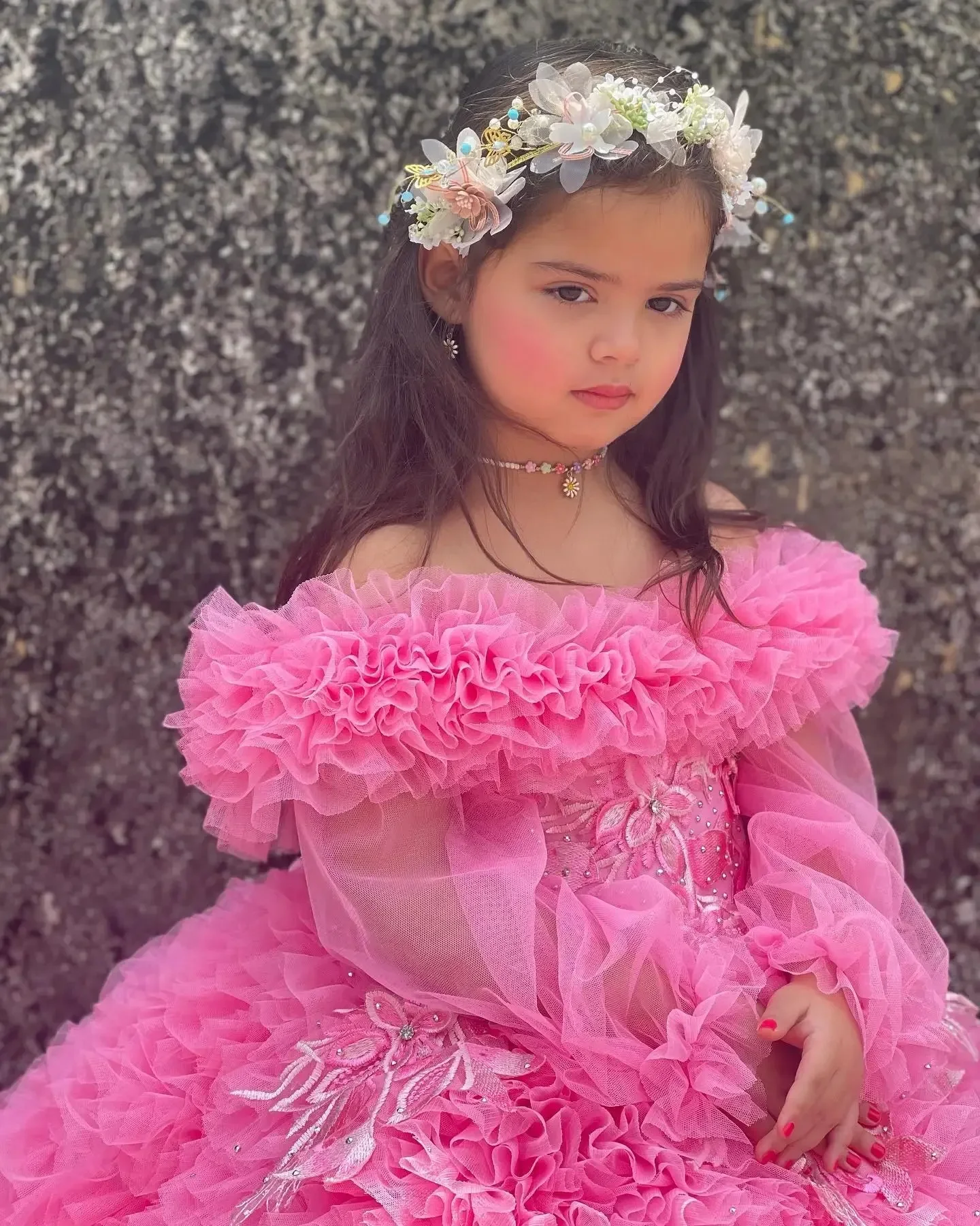 Felroze bloemenmeisjesjurk met ruches tule off-shoulder baljurk trouwjurk eerste kerstfeest luxe avondjurk voor meisjes