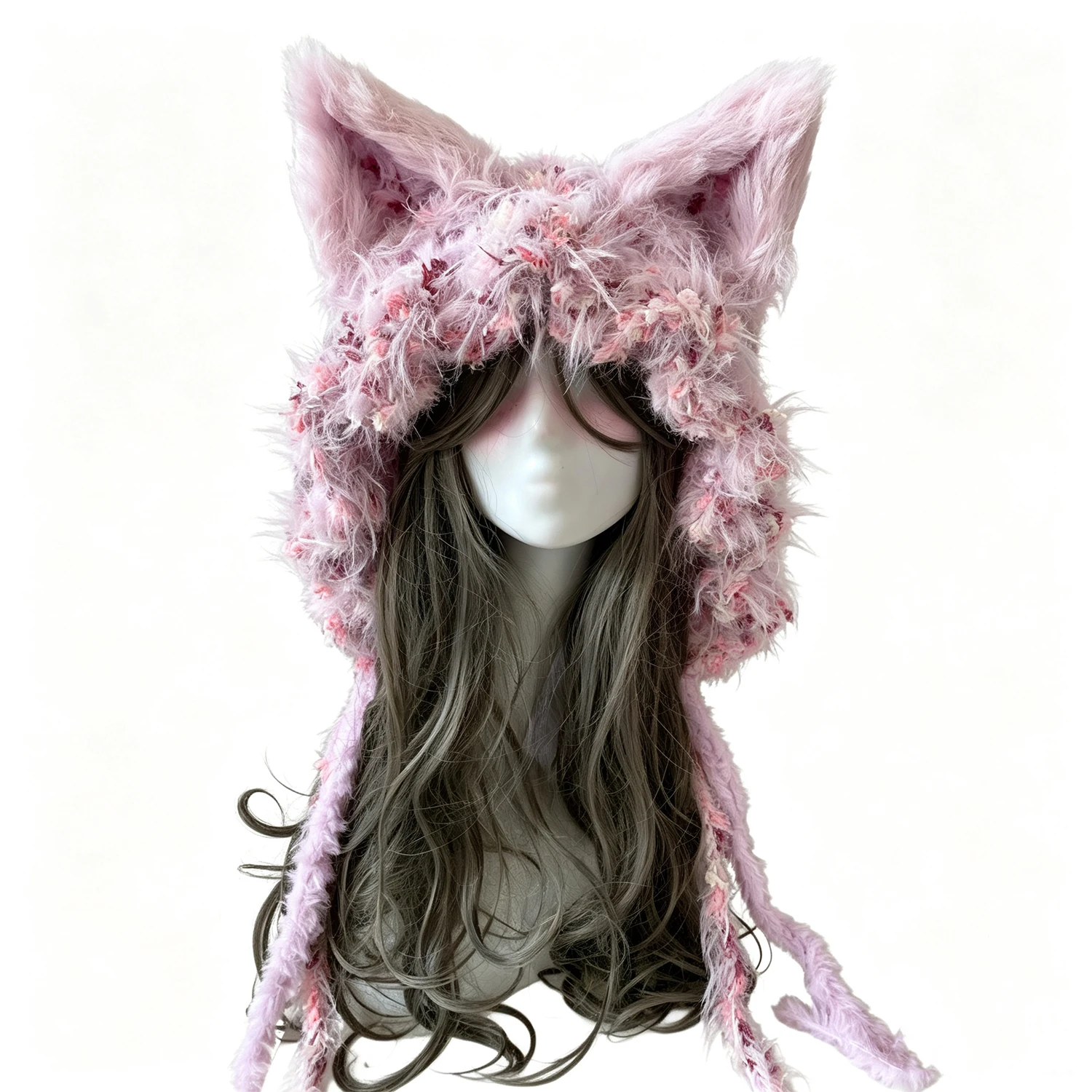 Custom Hand‑Crocheted Pink Purple Fox Ear Hat Women Fuzzy Plush Floral Knitted Hood Girls Fairy Lolita Sweet Winter Warm Beanie