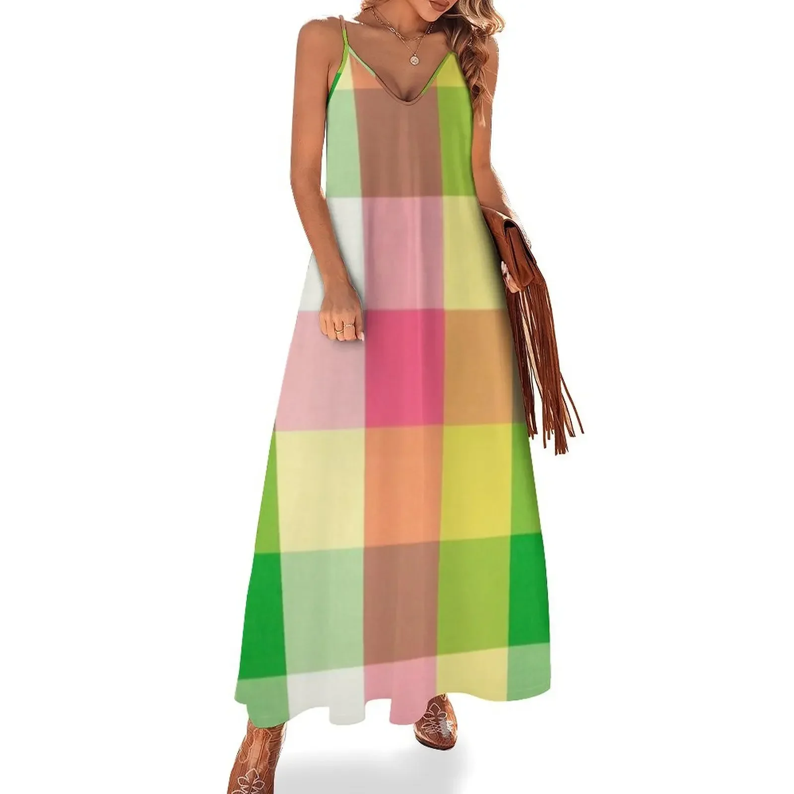 Pink and Green plaid pattern Sleeveless Dress prom dresses women formal occasion dresses summer dresses Dress