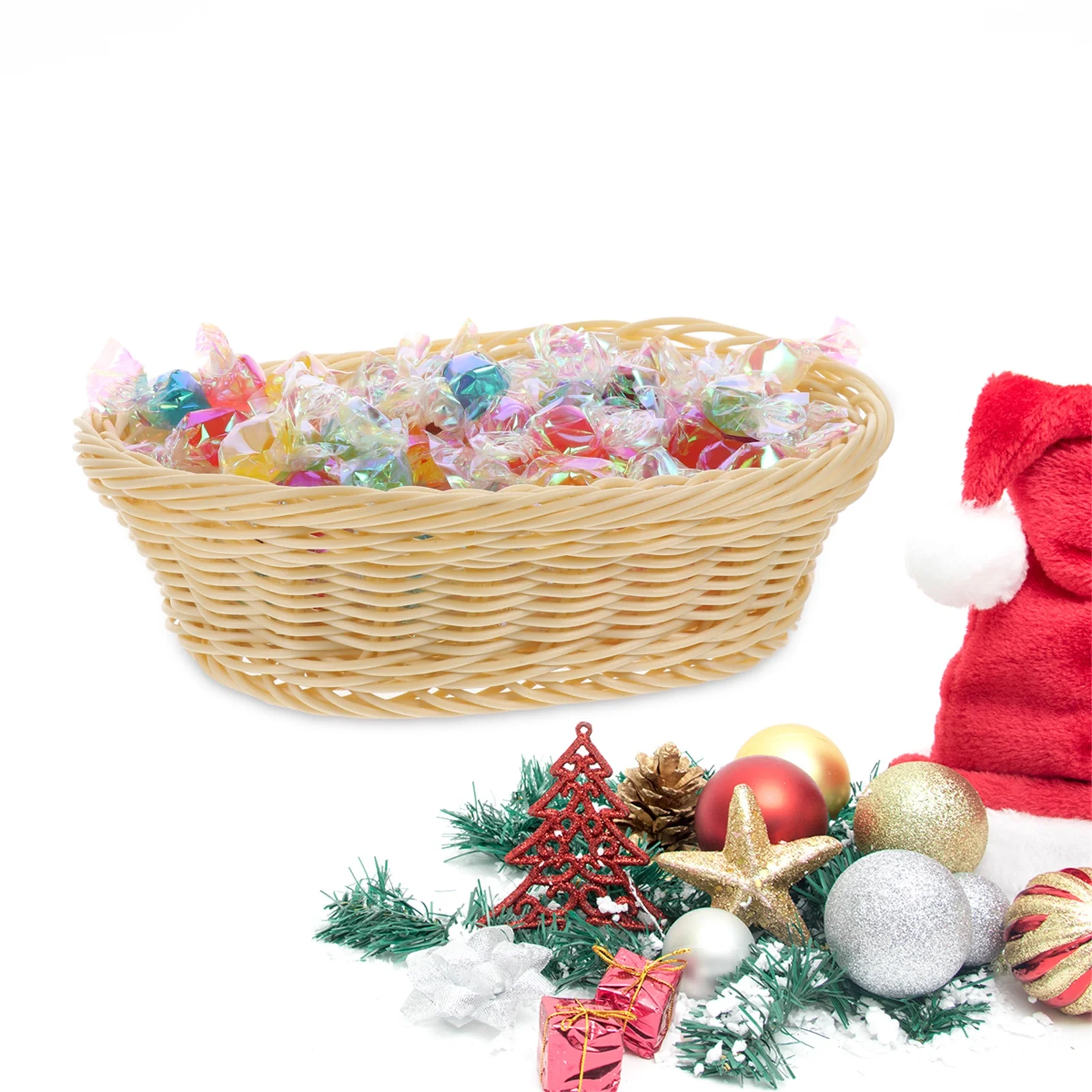 

Imitation Rattan Storage Basket Oval Shape Plastic Container for Candy Snacks Home Kitchen Farmhouse Lightweight Easy Carry