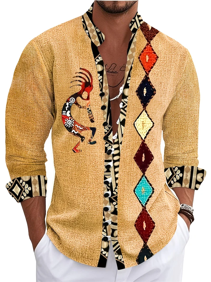 New Retro Ethnic Style Diamond Patterned Shirt for Men, Stand Up Collar, Single Breasted, Personalized Long Sleeved Top