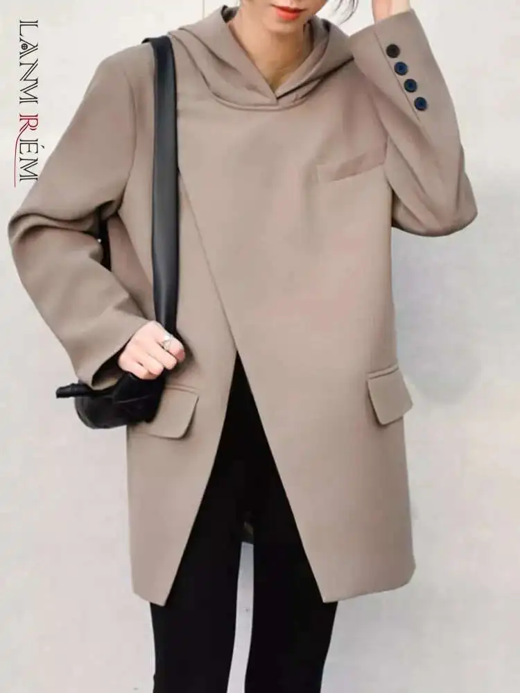 LANMREM-Chaqueta Irregular con capucha para mujer, abrigos de manga larga con abertura, ropa de oficina de estilo coreano, novedad de 2024, 2YA3128
