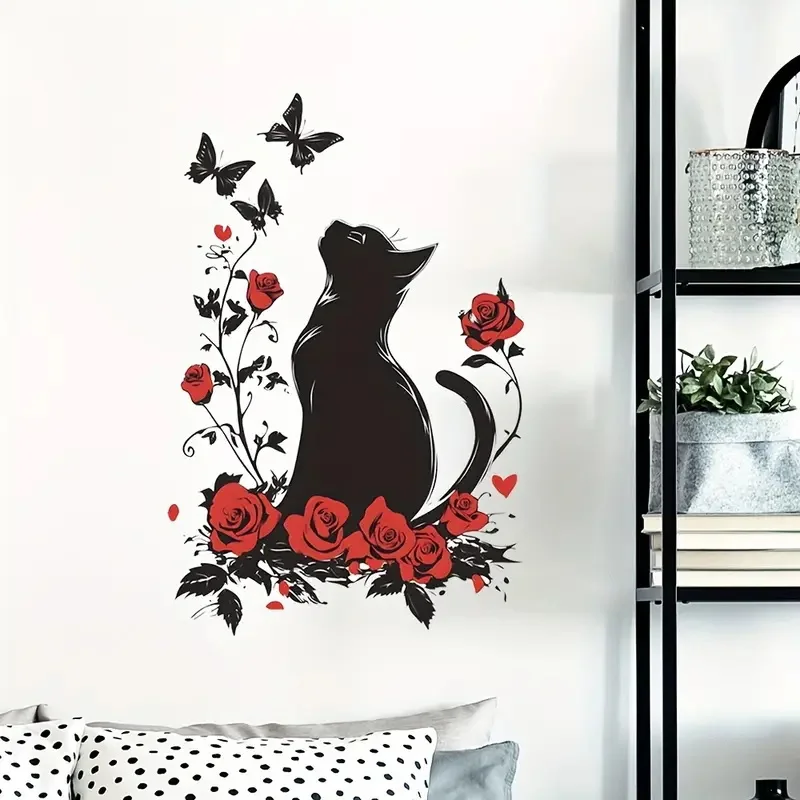

Contemporary Style Cat & Butterfly Rose Wall Decal for Living Room Decoration Easy to Beautify Your Home, Used for Toilet, Car R