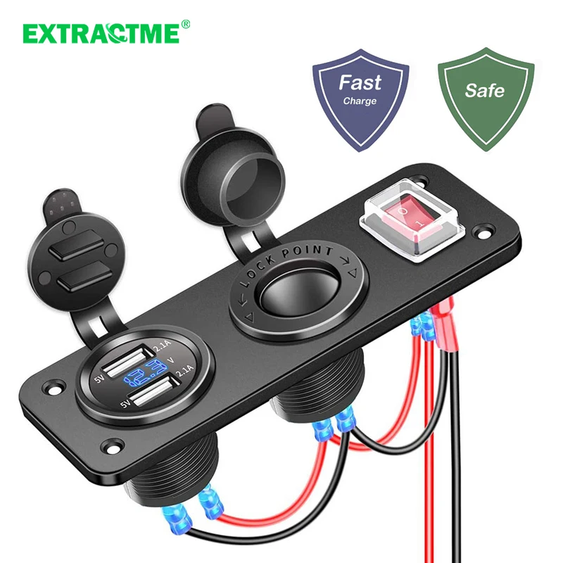 Extractme Dual USB Fast Charger Socket Multi Port Panel Cigarette Lighter Splitter With Voltmeter Switch For Car Motorcycle Boat