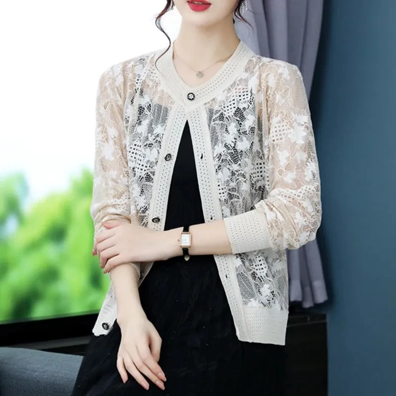 Summer Lace knitted Sunscreen Cardigan Jacket 2024New Women Fashion Mid-Aged Short Shawl Conditioning knitwear Shirt Coat Female