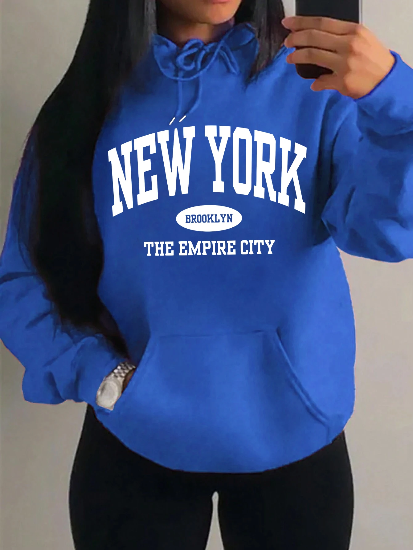 Creativo New York Brooklyn Stampa Felpe con cappuccio da donna Felpa con cappuccio in pile allentato All-Match Y2K Tasca abbigliamento Autunno Casual Streetwear