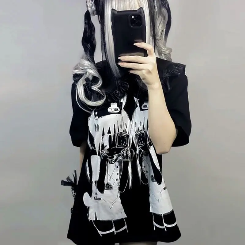 Harajuku Y2k clothing arcane Short Sleeve Black Tops Cool Cute Subculture Round Neck T Shirt 2000s goth Punk Japanese Tees tops