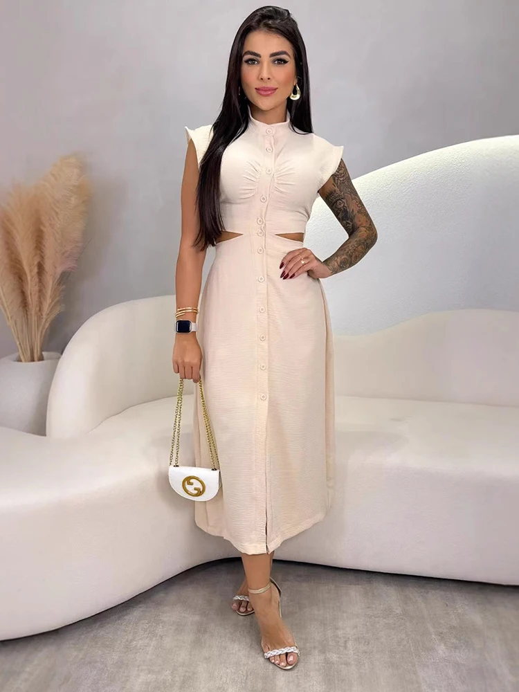 Vestido elegante de verano para mujer, vestido informal largo sin mangas con corte lateral en la cintura, botones de estilo dulce, vestido estilo Lolita