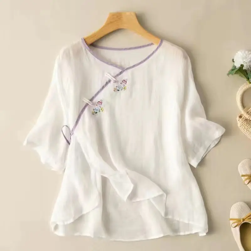 2024 Women\'s Summer New Retro Fold Crew Neck Button DrawstriLoose Cotton Hemp Blouses Short Sleeve Embroidered Solid Color Shirt