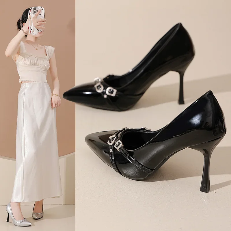 

Удобные черные женские туфли на высоком каблуке, весенне-осенний новый стиль, элегантные французские туфли на высоком каблуке, пикантные туфли с острым носком на полиуретановой подкладке