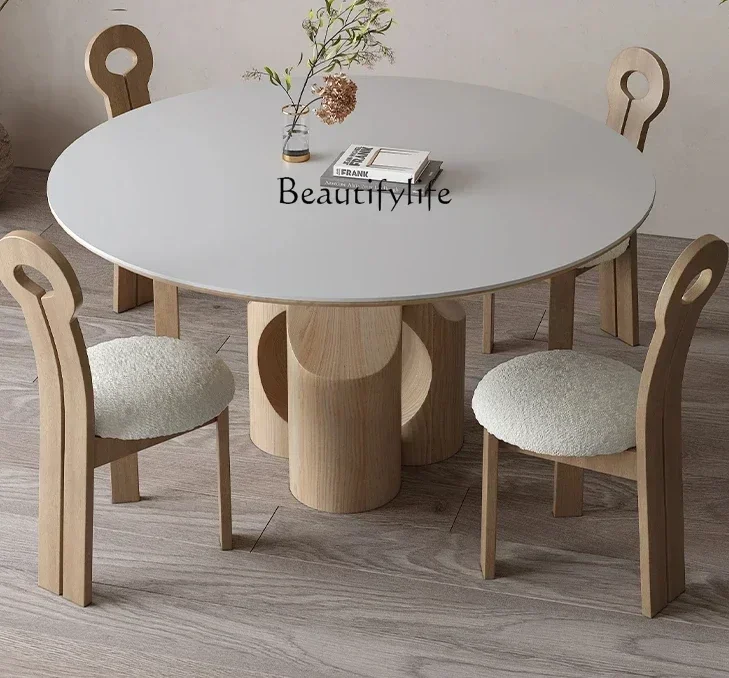 

pg46Log Cream Style Stone Plate Round Table Turntable Solid Wood Round Table