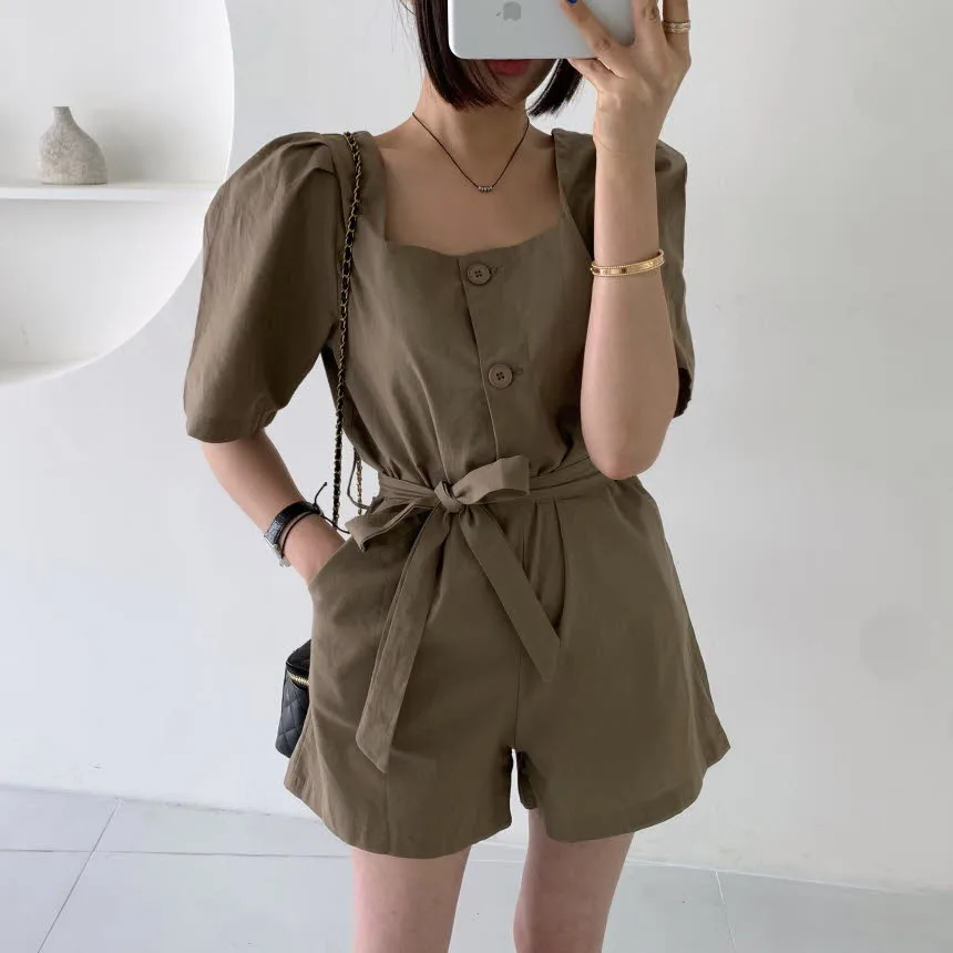 

REALEFT Summer Puff Sleeve Women's Romper 2025 New High Waist Square Collar Single Breated Bodysuit Vintage Playsuits for Women