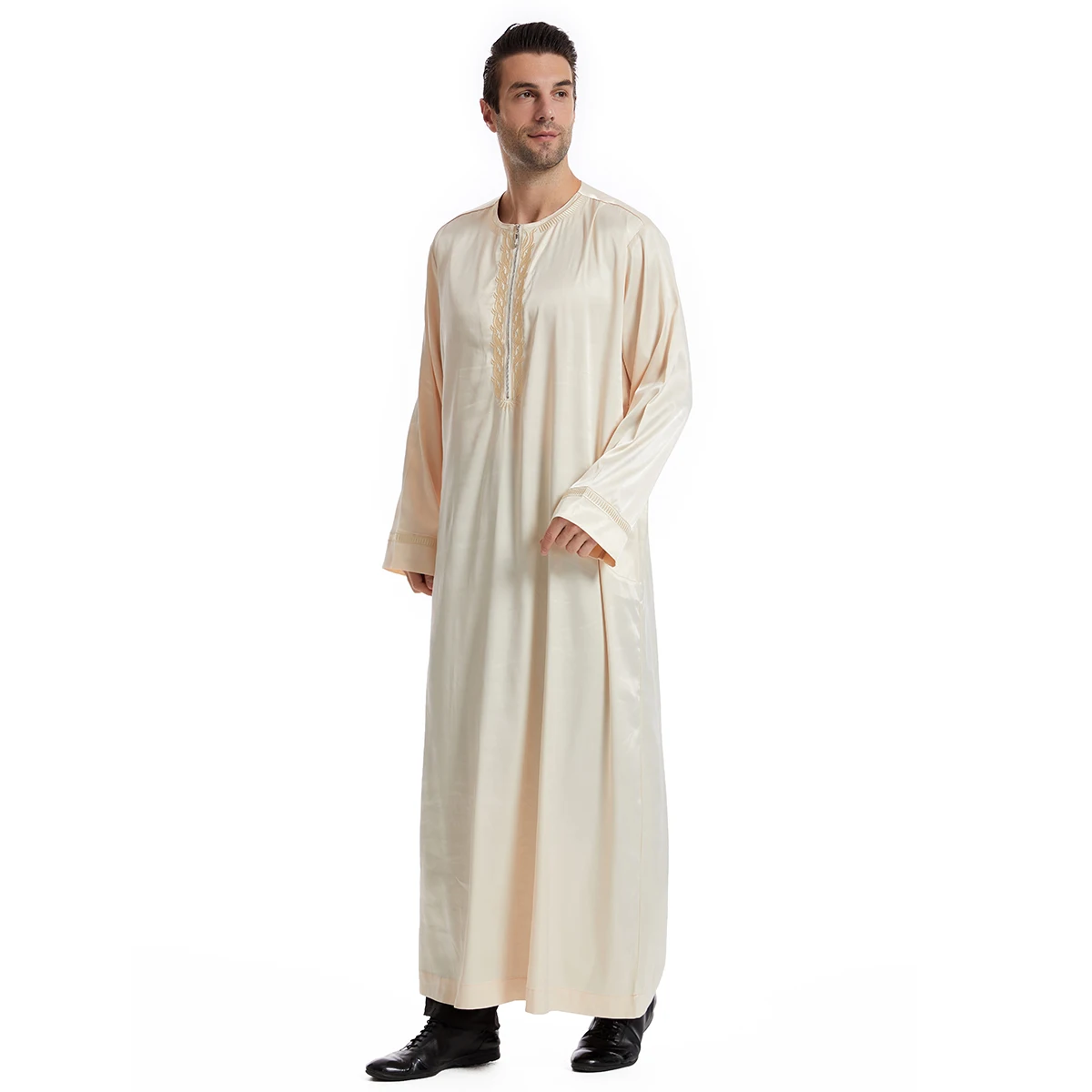 Luxury Embroidery jalabiya Jubba Thobe For Mens Zip Thobes Beige Coffee White Black Dubai Turkey Abaya Male Muslim Cloth TH831