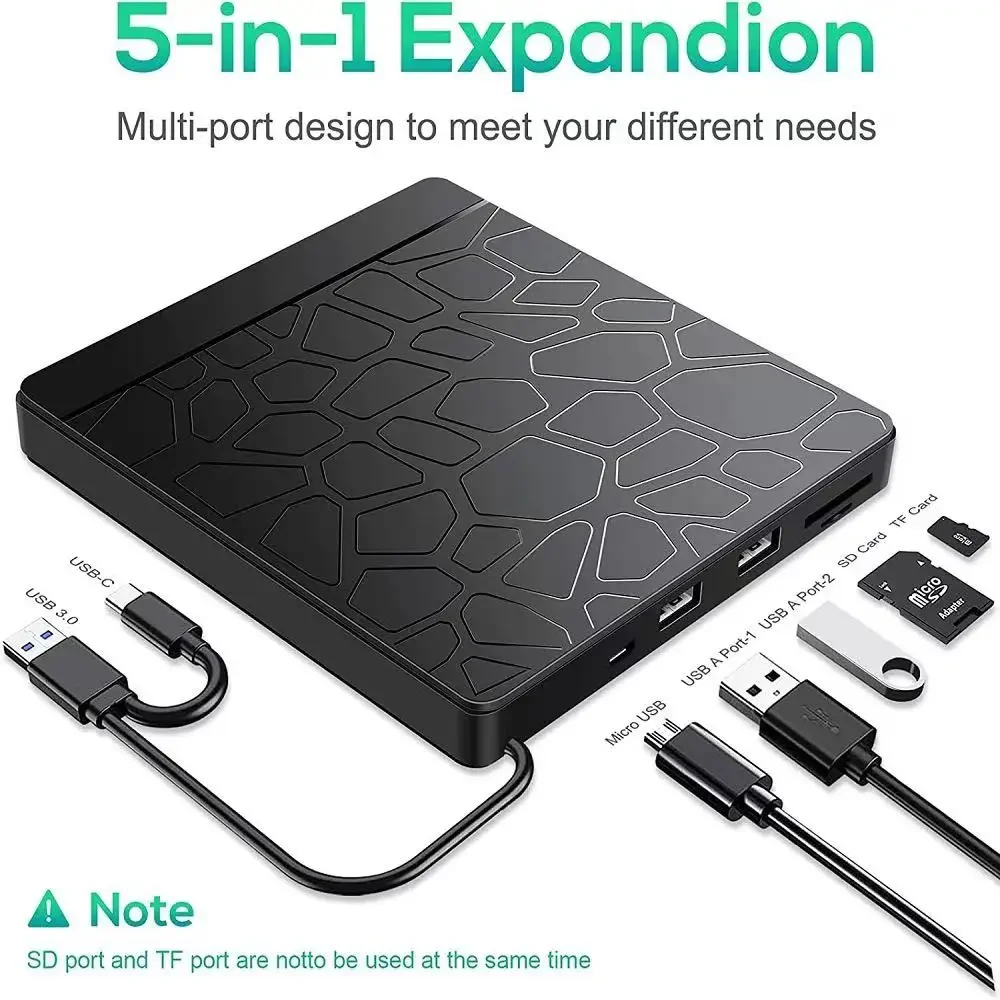 USB 3.0 DVD Burner External USB C CD +/-RW Drive DVD Reader and Writer with 2 USB and TF/SD Slots DVD Player
