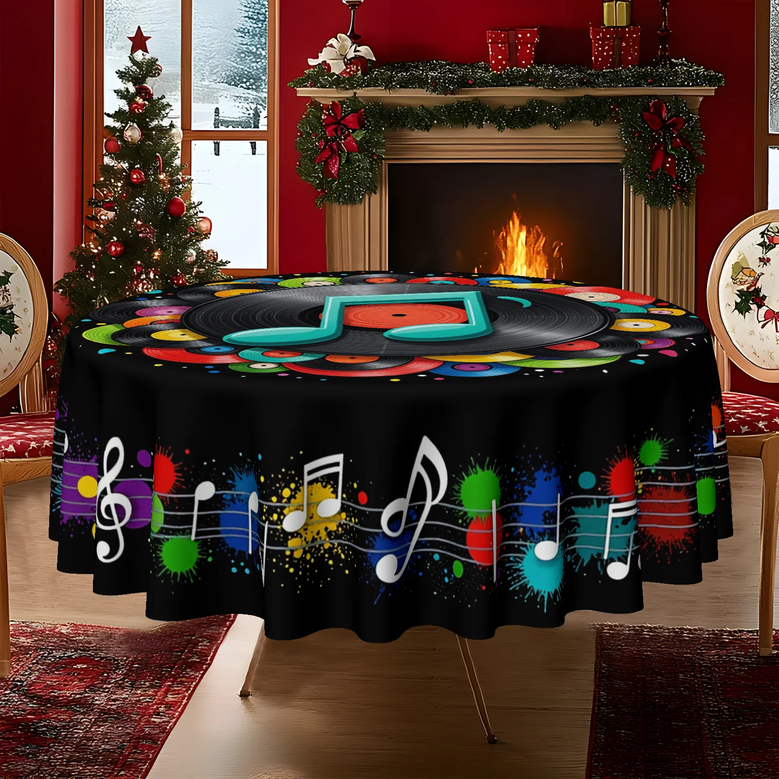 One tablecloth, a 2D flat-printed music-themed tablecloth with colorful record and note patternsxzj