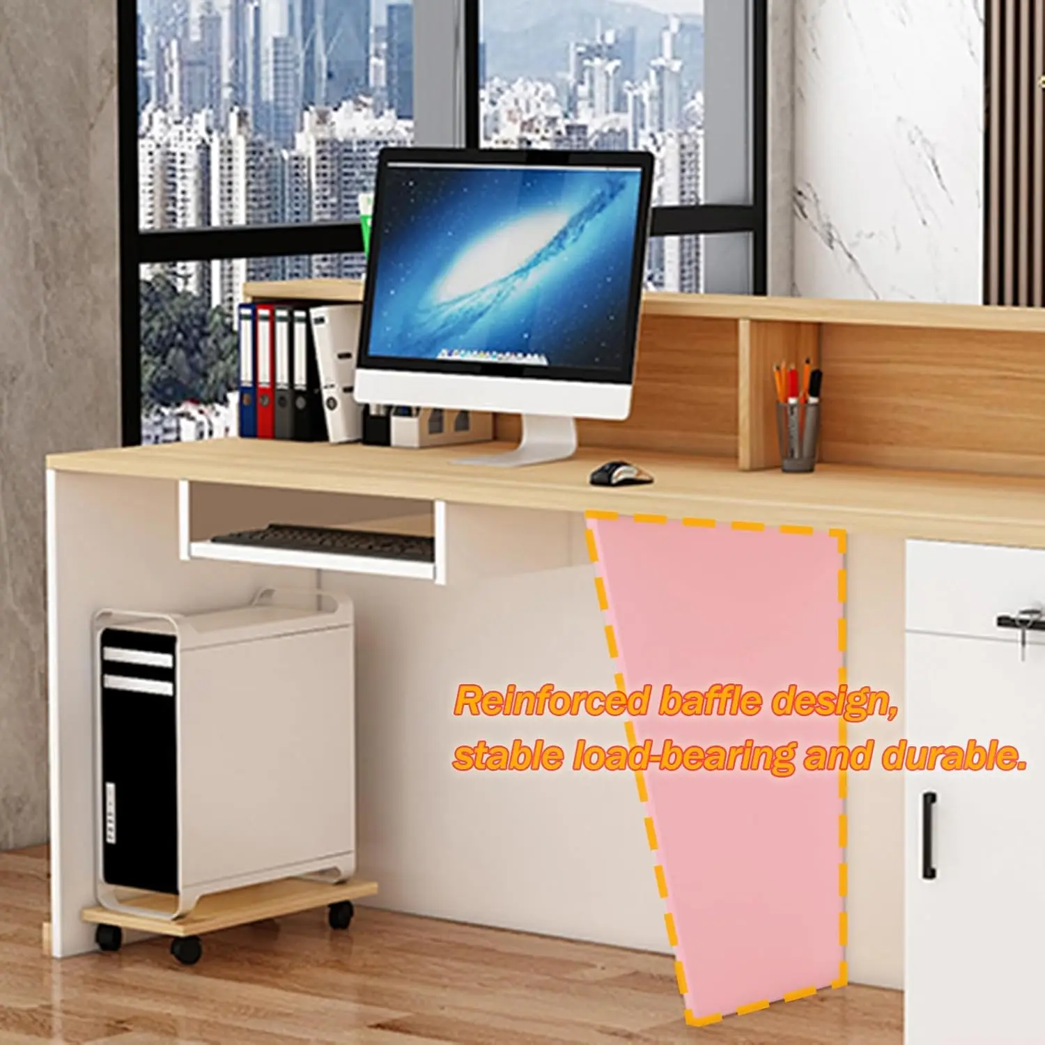 Modern Reception Desk with Counter, 63" Solid Wood Front Desk with Lockable Drawers/Cabinets/LED Light Strip.