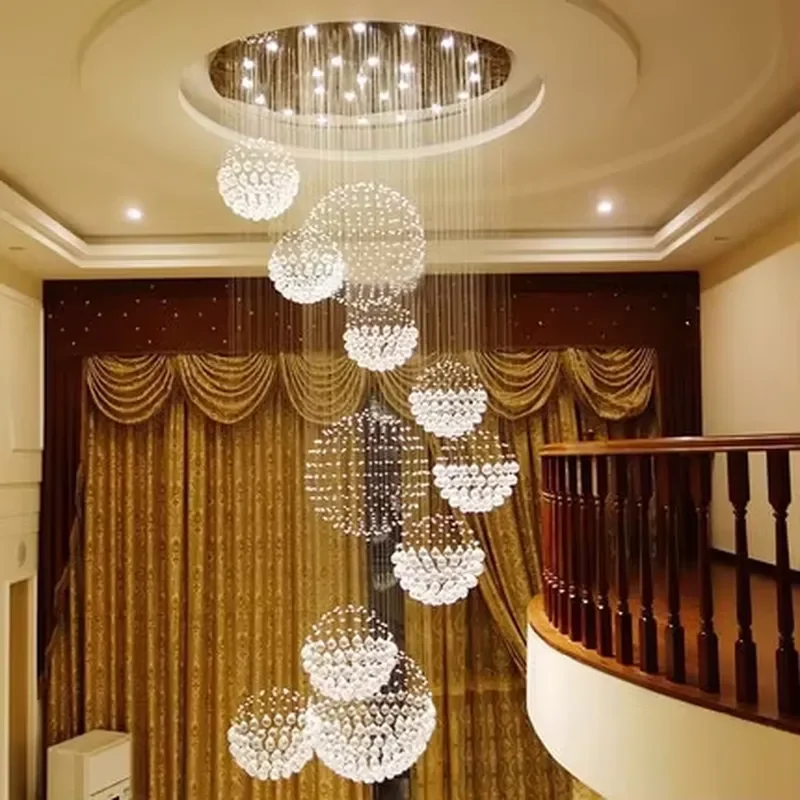 Custom Spherical Crystal Chandelier Multi-Spherical LED Light Fixture for Villa Stairs and High Ceilings