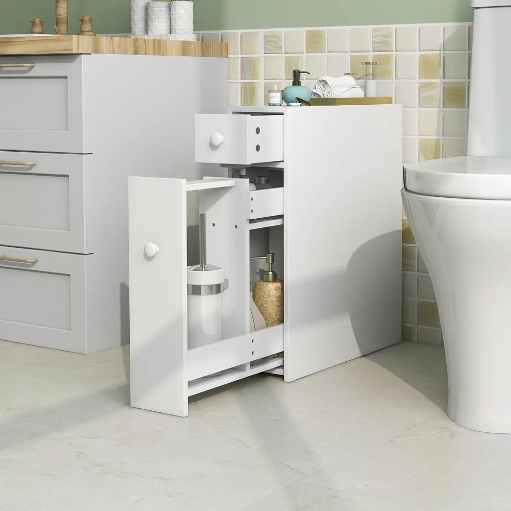 

Bathroom Floor Cabinet, Narrow Storage Organizer with Flip Top, Pull-Out Drawer & Shelves, Freestanding Toilet Paper Holder