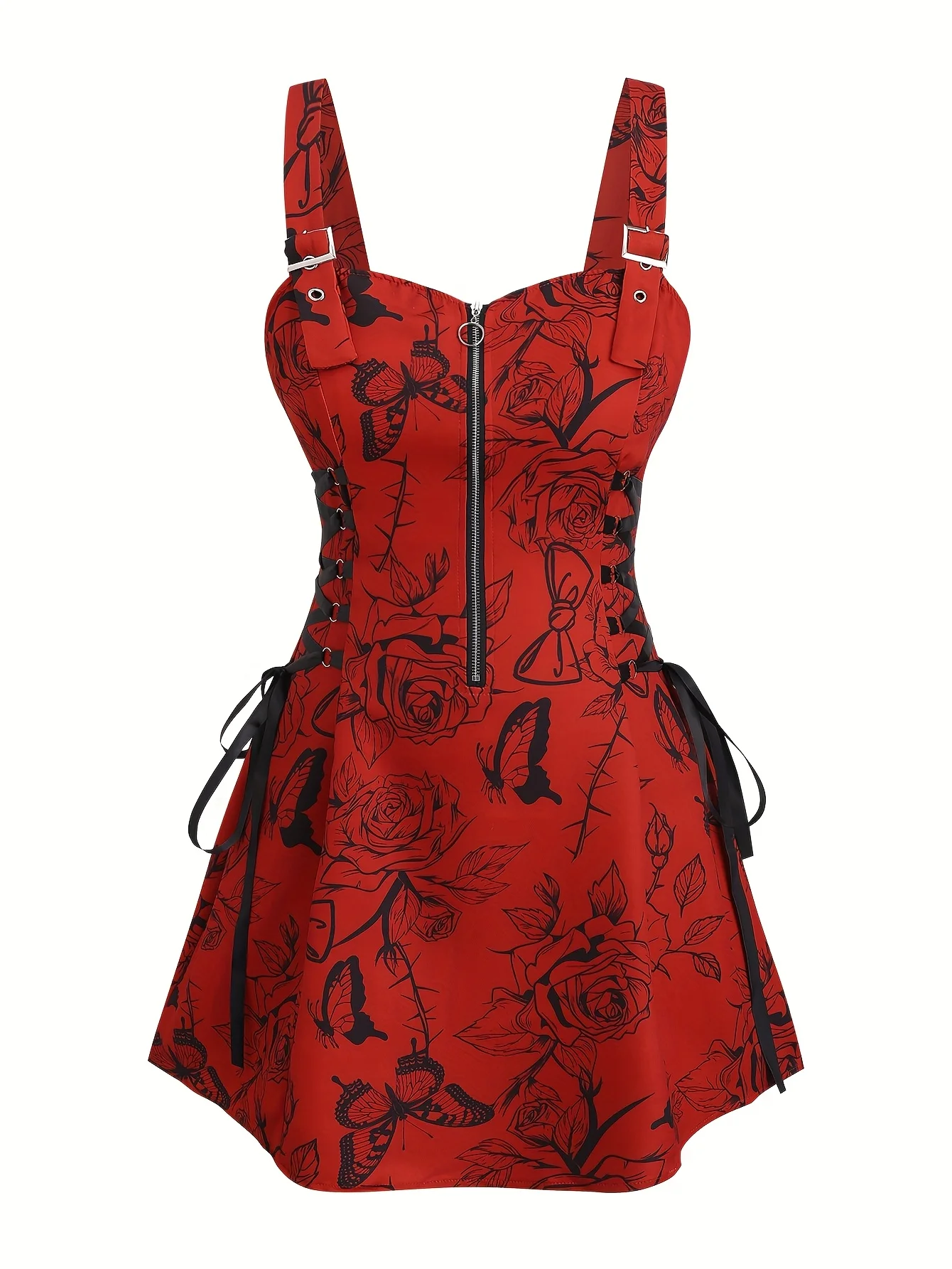 European and American trend oversized ladies slimming shoulder strap zipper full print skull pattern dress