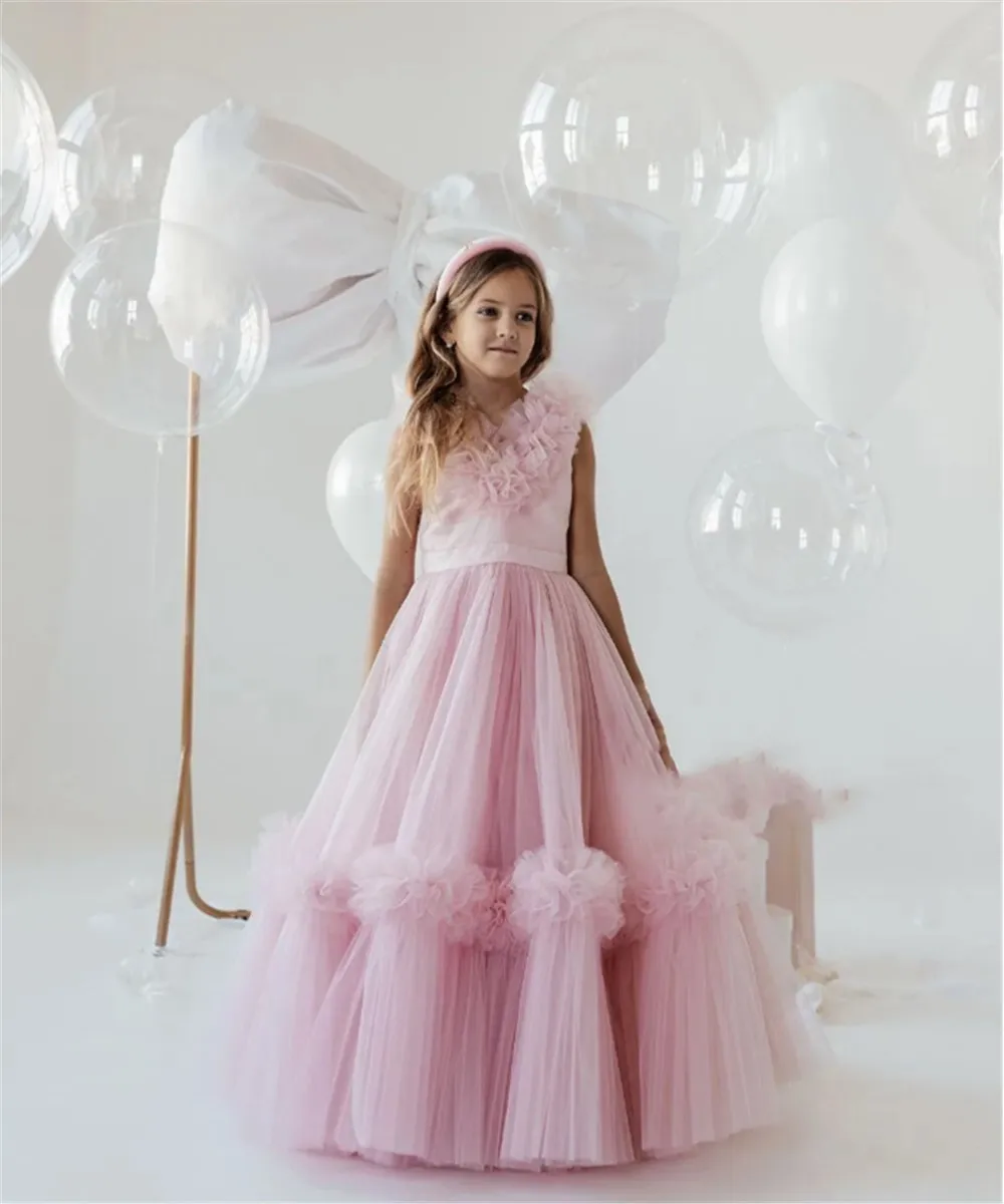 

Cute Princess Flower Girl Wedding Dress Big Bow Sleeveless Floor Length Kids Birthday Party First Communion Ball Gown Customized