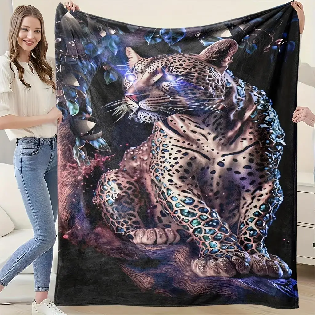 Mystical Sparkle Leopard Forest Pattern Flannel Blanket Warm Cozy Printed Throw Blanket for Living Room Bedroom Travel