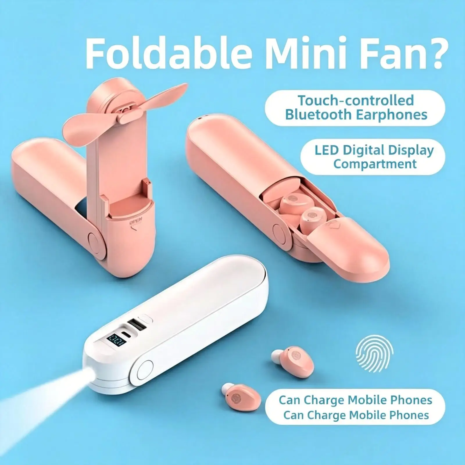 

4 In 1 Wireless Bluetooth Earphones Mini Fan Flashlight Power Bank LED Display HD Call Portable Outdoor Travel Office Earbuds