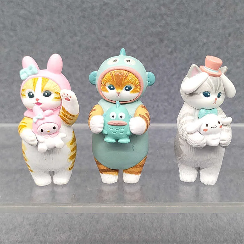 Figuras de Anime japonesas originales y genuinas, lindo Mofusand X Sanrio, Hello Kitty, Kuromi, gato, adorno para mascotas, modelo de juguete, regalo para niños