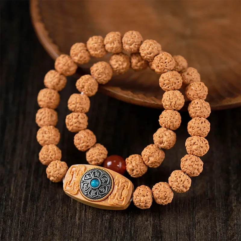 

Sandalwood Turntable Wooden Card Hand String Inlaid with Turquoise Om Mani Padme Hum Vajra Bodhi Double Circle Yoga Jewelry