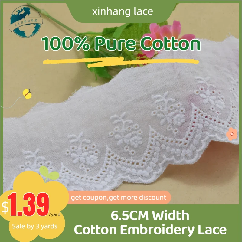

3yards 6.5cm Width 100% Cotton Embroid Lace Sewing Ribbon Guipure Trim Wedding DIY Dolls Accessories Wedding Dress Lace#3245