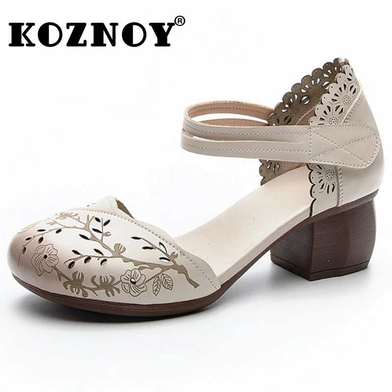 Koznoy 5cm Ethnic Cow Genuine Leather Summer Handmade Fashion Fretwork Hook Chunky Heels Chunky Heels Hollow Ladies Women Shoes