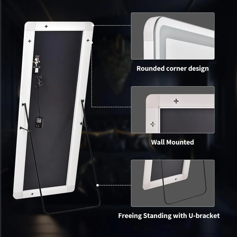 LED-verlichte vloerspiegel over de volledige lengte met instelbare helderheid en 3 kleurmodi voor slaapkamer, staand of aan de muur gemonteerd